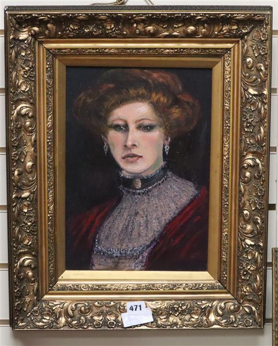 English School, oil on canvas, Portrait of an Edwardian lady, 35 x 24cm